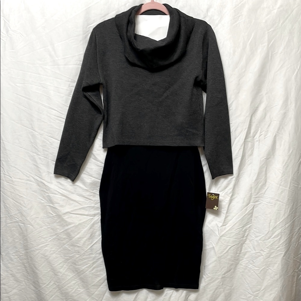 NWT Layered Cowl Neck Long Sleeve Stretchy Charcoal Grey & Black Sweater Dress